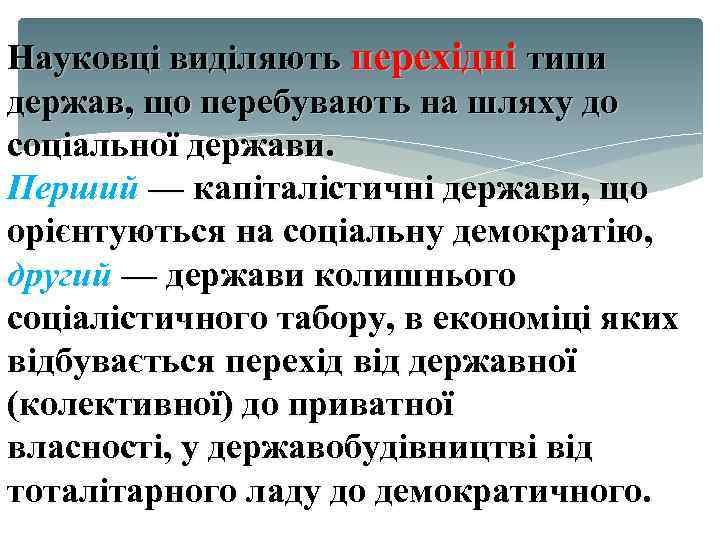 Науковці виділяють перехідні типи держав, що перебувають на шляху до соціальної держави. Перший —