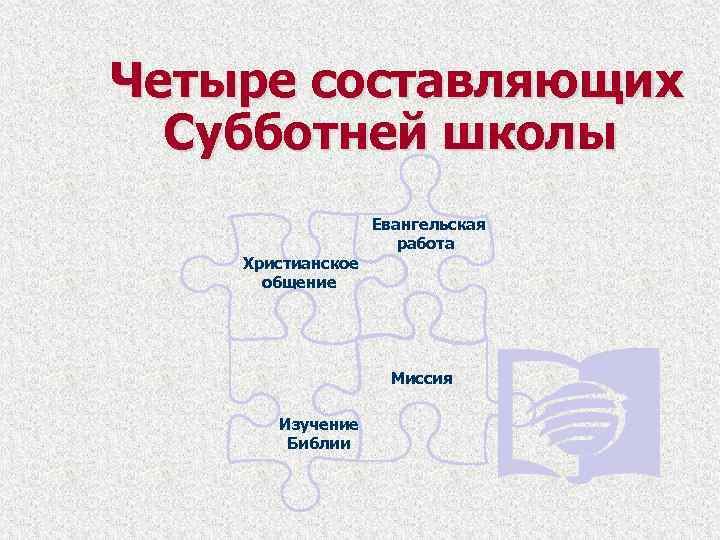 Четыре составляющих Субботней школы Евангельская работа Христианское общение Миссия Изучение Библии 