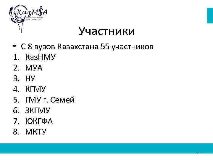 Участники • С 8 вузов Казахстана 55 участников 1. Каз. НМУ 2. МУА 3.