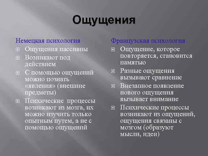 Ощущения Немецкая психология Ощущения пассивны Возникают под действием С помощью ощущений можно познать «явления»