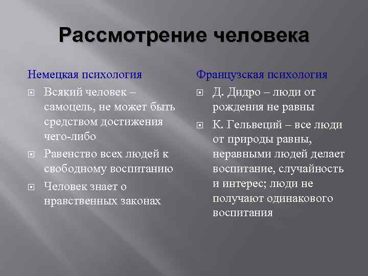 Рассмотрение человека Немецкая психология Всякий человек – самоцель, не может быть средством достижения чего-либо