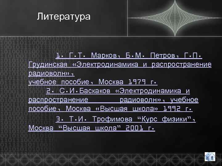 Литература 1. Г. Т. Марков, Б. М. Петров, Г. П. Грудинская «Электродинамика и распространение