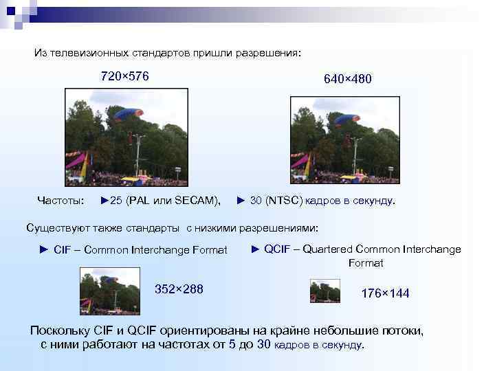 Из телевизионных стандартов пришли разрешения: 720× 576 640× 480 Частоты: ► 25 (PAL или