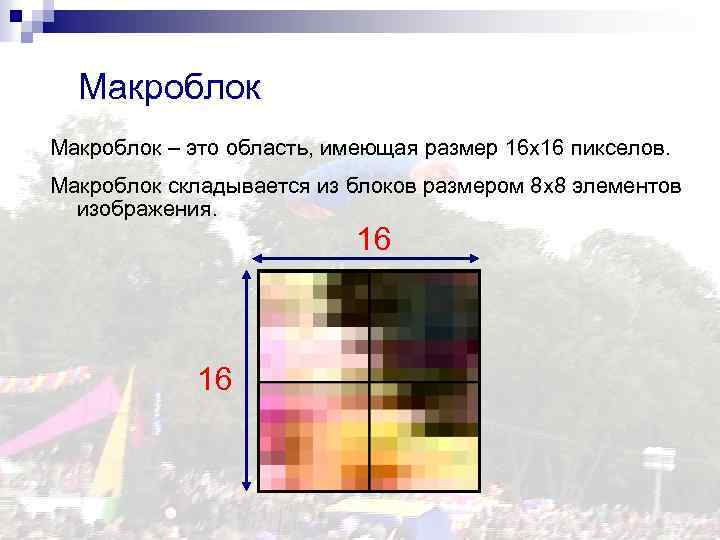 Макроблок – это область, имеющая размер 16 х16 пикселов. Макроблок складывается из блоков размером