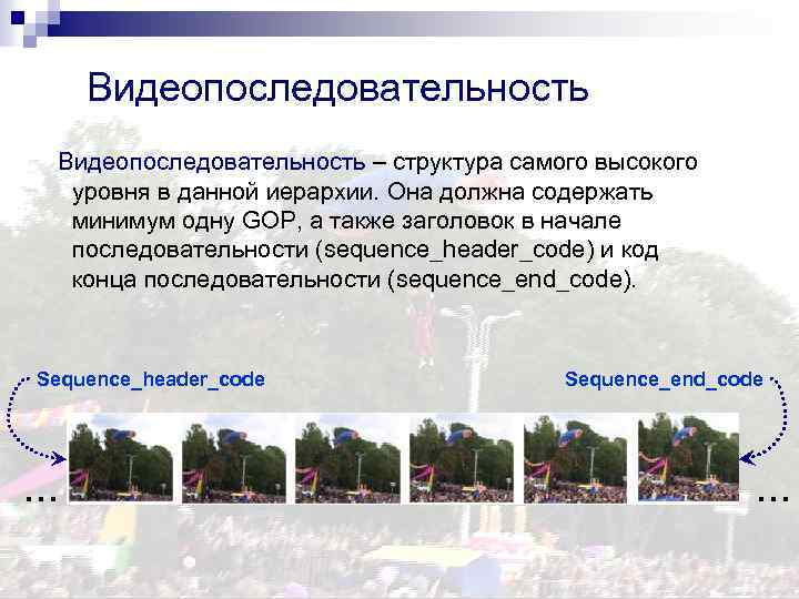 Видеопоследовательность – структура самого высокого уровня в данной иерархии. Она должна содержать минимум одну