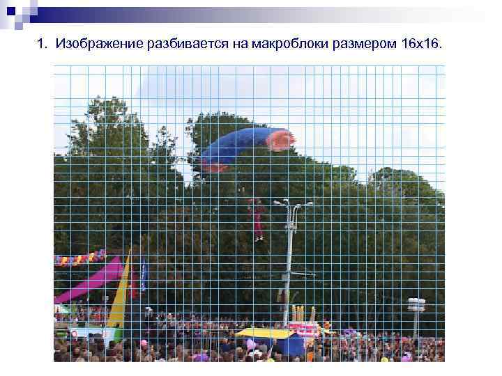 1. Изображение разбивается на макроблоки размером 16 х16. 