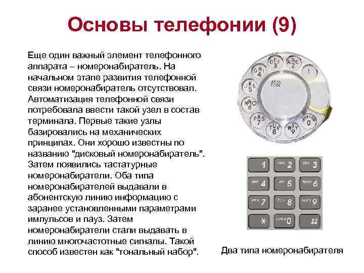 Основы телефонии (9) Еще один важный элемент телефонного аппарата – номеронабиратель. На начальном этапе
