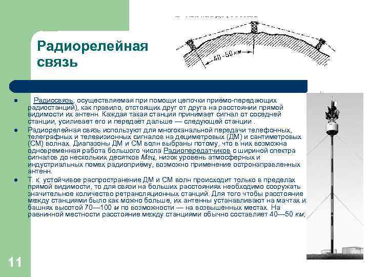 Радиорелейная связь l l l 11 Радиосвязь, осуществляемая при помощи цепочки приёмо-передающих радиостанций), как