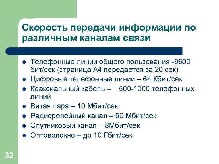 Скорость передачи информации по различным каналам связи l l l l 32 Телефонные линии