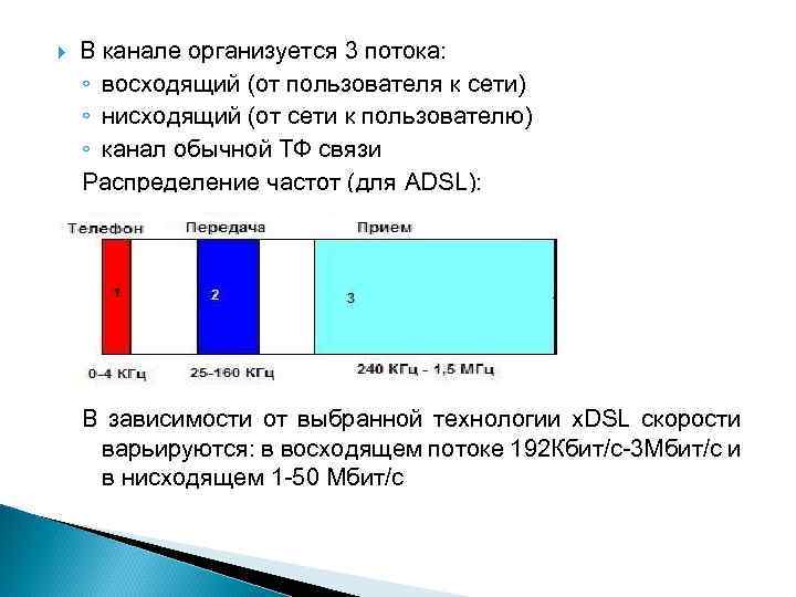  В канале организуется 3 потока: ◦ восходящий (от пользователя к сети) ◦ нисходящий
