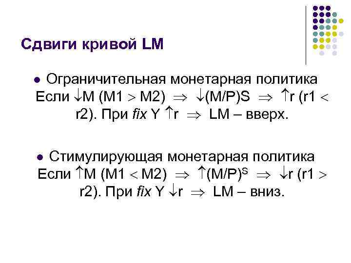 Сдвиги кривой LM Ограничительная монетарная политика Если M (M 1 M 2) (M/P)S r