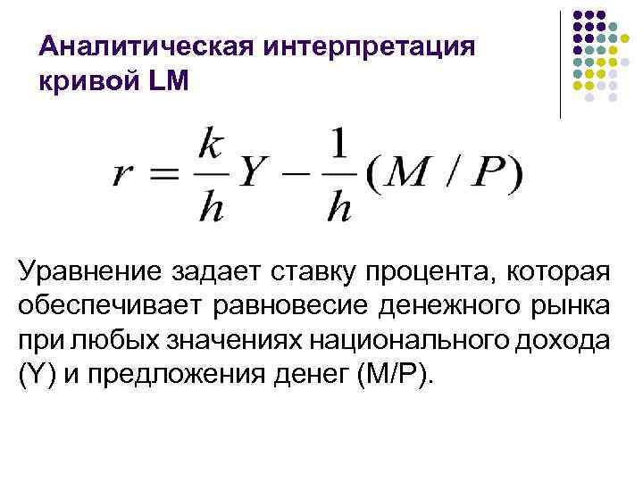 Аналитическая интерпретация кривой LM Уравнение задает ставку процента, которая обеспечивает равновесие денежного рынка при