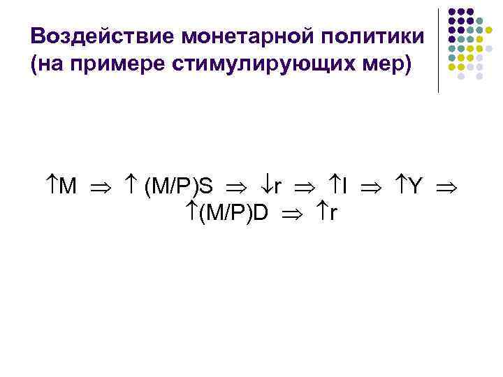 Воздействие монетарной политики (на примере стимулирующих мер) M (M/P)S r I Y (M/P)D r