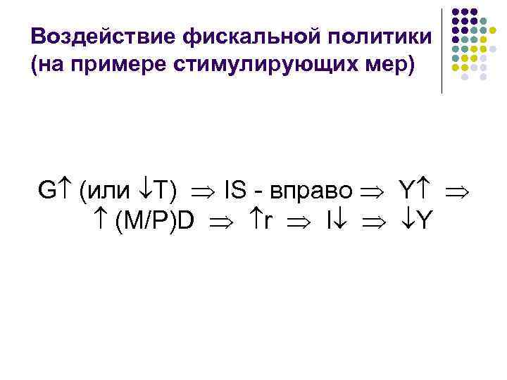 Воздействие фискальной политики (на примере стимулирующих мер) G (или T) IS - вправо Y
