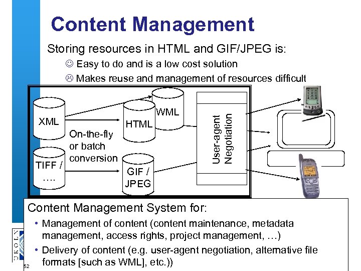 Content Management Storing resources in HTML and GIF/JPEG is: WML XML TIFF / ….