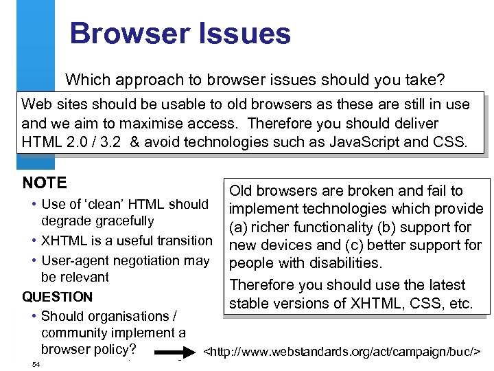 Browser Issues Which approach to browser issues should you take? Web sites should be