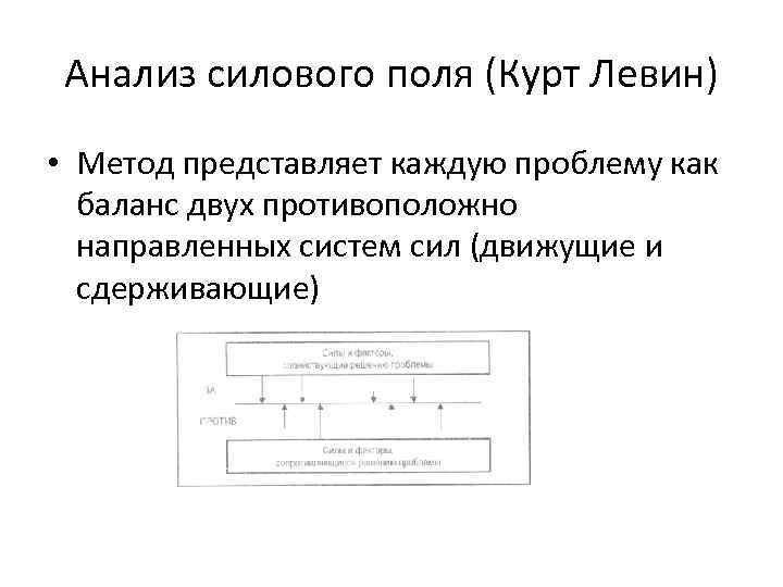 Анализ силового поля (Курт Левин) • Метод представляет каждую проблему как баланс двух противоположно