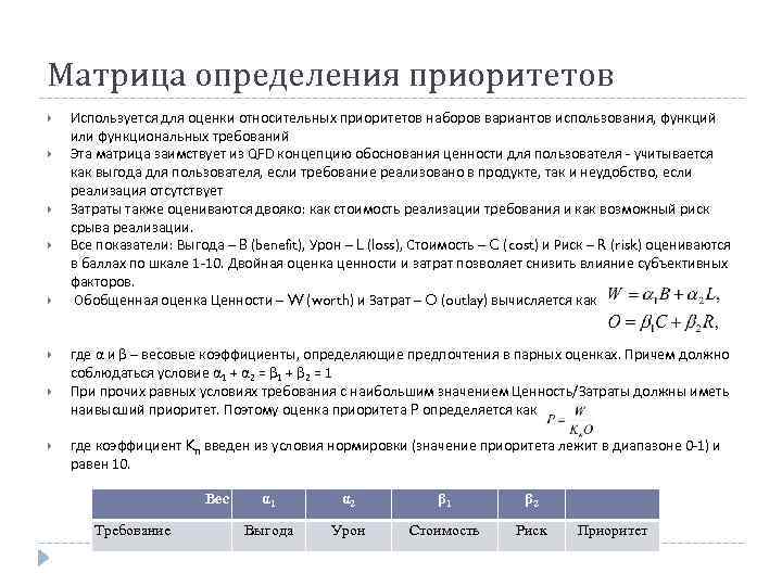 Матрица определения приоритетов Используется для оценки относительных приоритетов наборов вариантов использования, функций или функциональных