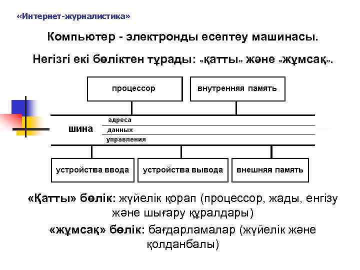  «Интернет-журналистика» Компьютер - электронды есептеу машинасы. Негізгі екі бөліктен тұрады: «қатты» және «жұмсақ»