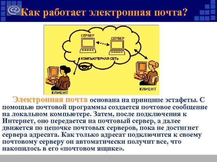 Как работает электронная почта? Электронная почта основана на принципе эстафеты. С помощью почтовой программы