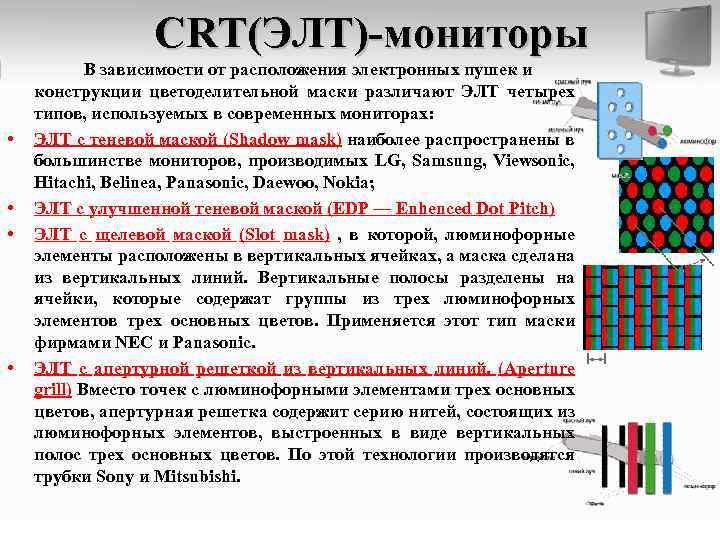 CRT(ЭЛТ)-мониторы • • В зависимости от расположения электронных пушек и конструкции цветоделительной маски различают