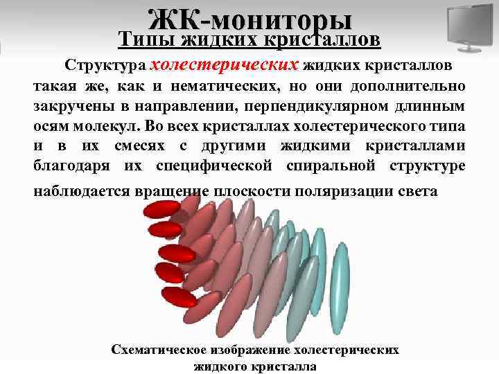 ЖК-мониторы Типы жидких кристаллов Структура холестерических жидких кристаллов такая же, как и нематических, но