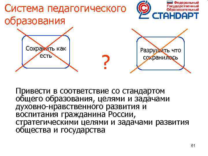 Система педагогического образования Сохранить как есть ? Разрушить что сохранилось Привести в соответствие со