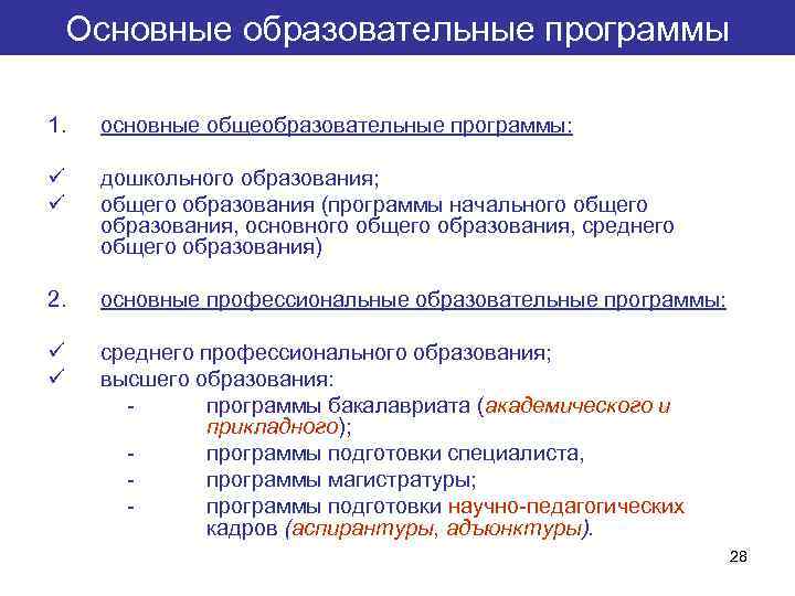 Основные образовательные программы 1. основные общеобразовательные программы: ü ü дошкольного образования; общего образования (программы