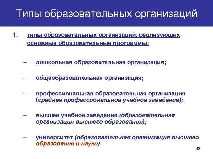 Типы образовательных организаций 1. типы образовательных организаций, реализующих основные образовательные программы: – дошкольная образовательная