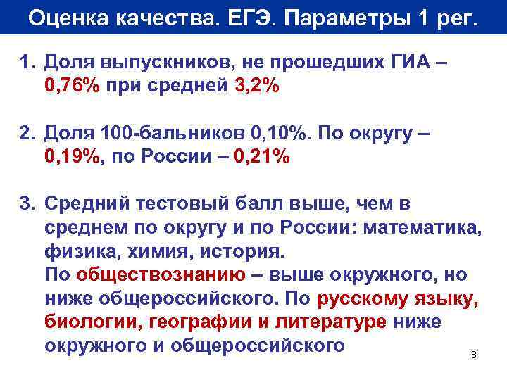 Оценка качества. ЕГЭ. Параметры 1 рег. 1. Доля выпускников, не прошедших ГИА – 0,