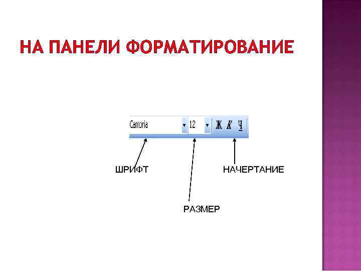 НА ПАНЕЛИ ФОРМАТИРОВАНИЕ ШРИФТ НАЧЕРТАНИЕ РАЗМЕР 