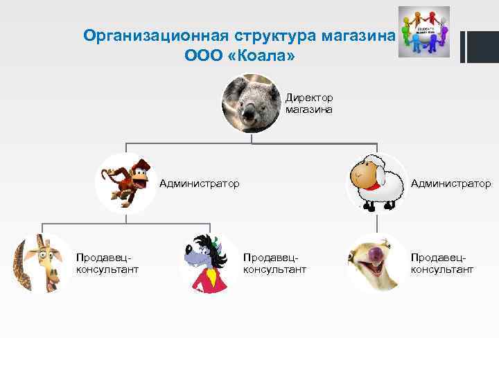 Организационная структура магазина ООО «Коала» Директор магазина Администратор Продавецконсультант 