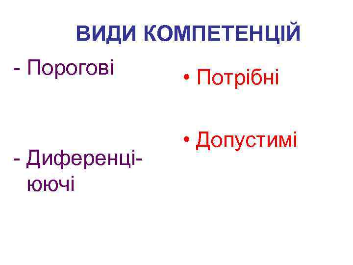 ВИДИ КОМПЕТЕНЦІЙ - Порогові - Диференціюючі • Потрібні • Допустимі 