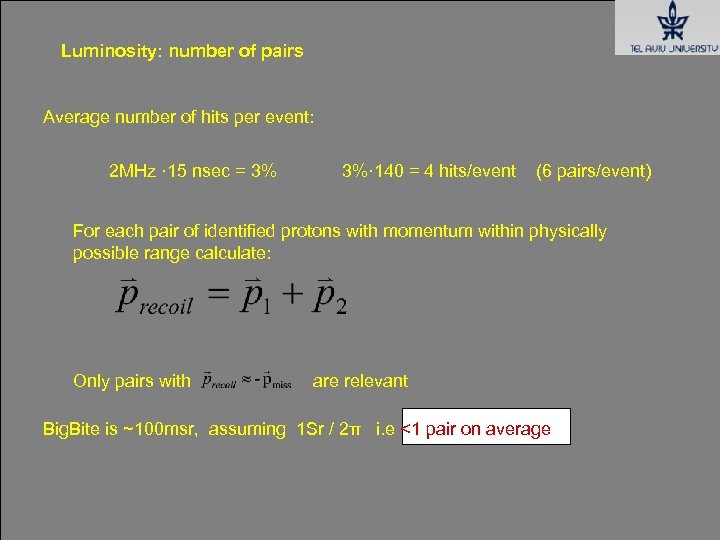 Luminosity: number of pairs Average number of hits per event: 2 MHz · 15