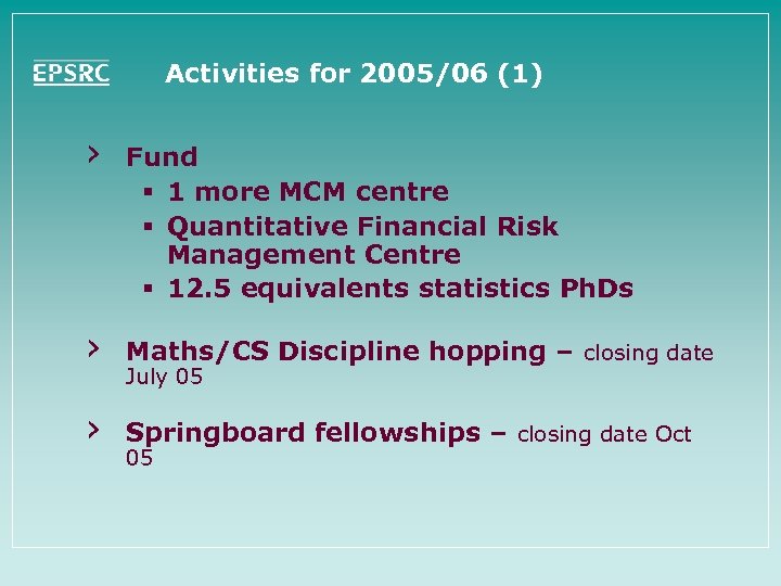 Activities for 2005/06 (1) › Fund § 1 more MCM centre § Quantitative Financial