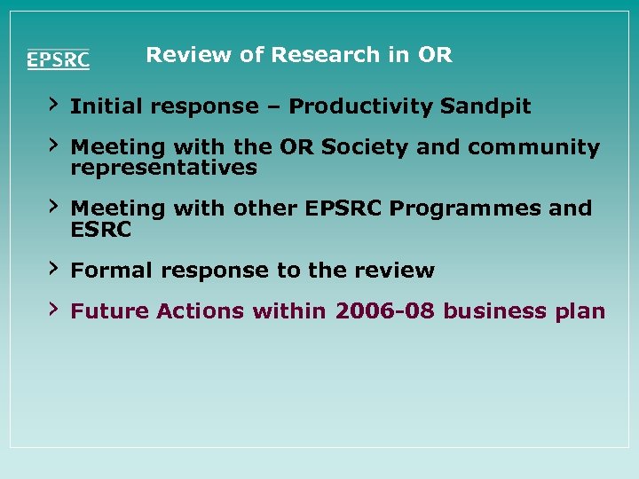 Review of Research in OR › › Initial response – Productivity Sandpit › Meeting