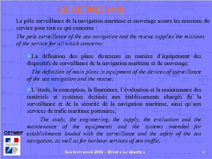LE CETMEF (1/2) Le pôle surveillance de la navigation maritime et sauvetage assure les