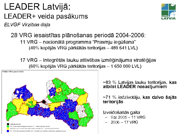 LEADER Latvijā: LEADER+ veida pasākums ELVGF Virzības daļa 28 VRG iesaistītas plānošanas periodā 2004