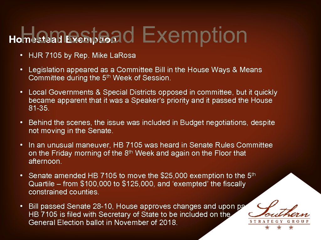 Homestead Exemption • HJR 7105 by Rep. Mike La. Rosa • Legislation appeared as
