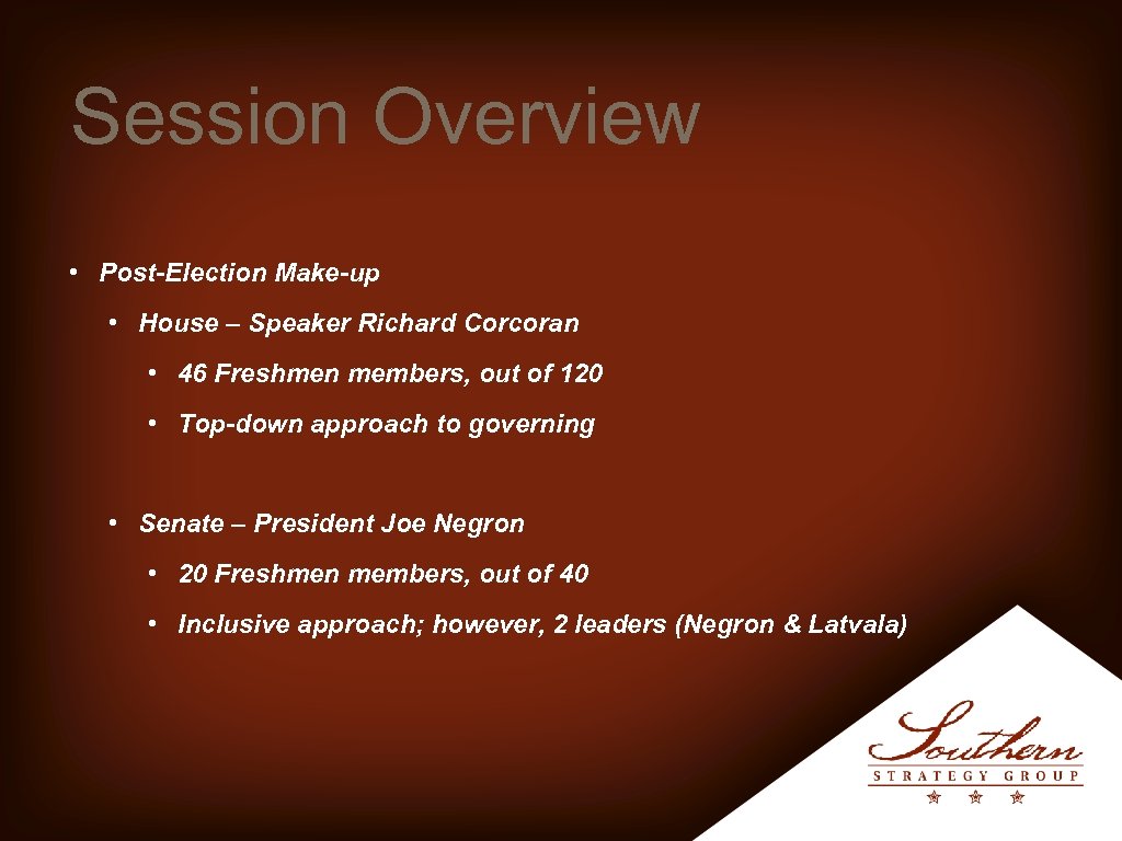 Session Overview • Post-Election Make-up • House – Speaker Richard Corcoran • 46 Freshmen
