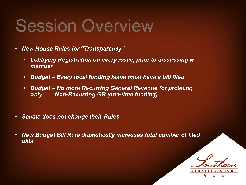 Session Overview • New House Rules for “Transparency” • Lobbying Registration on every issue,