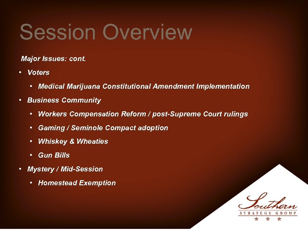 Session Overview Major Issues: cont. • Voters • Medical Marijuana Constitutional Amendment Implementation •