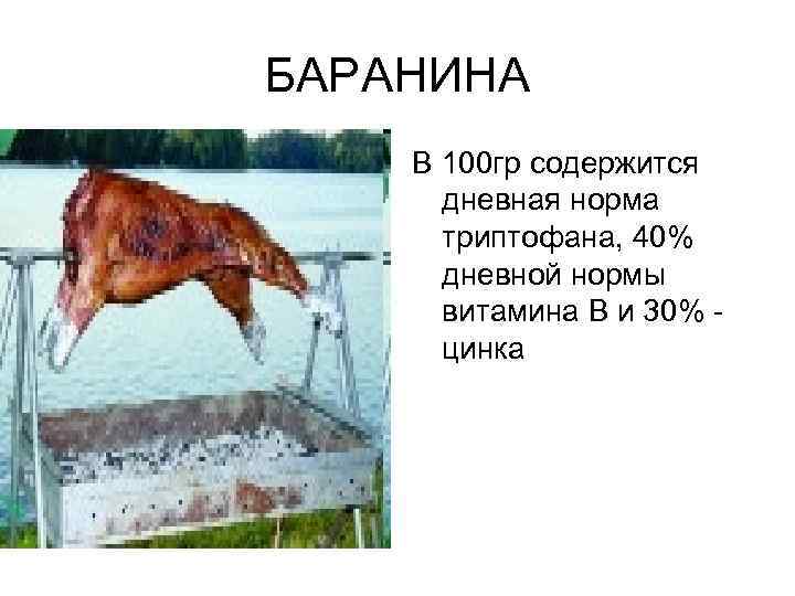 БАРАНИНА В 100 гр содержится дневная норма триптофана, 40% дневной нормы витамина В и