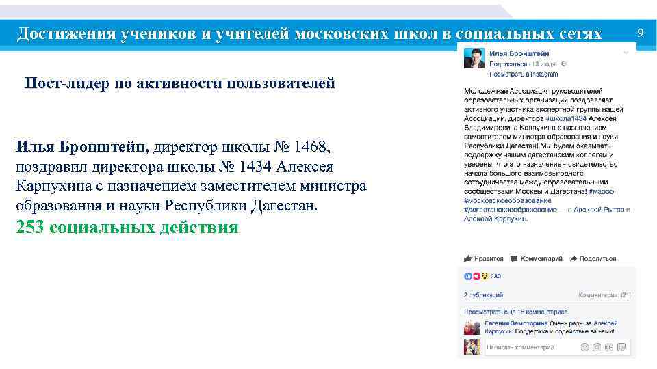 Достижения учеников и учителей московских школ в социальных сетях Пост-лидер по активности пользователей Илья