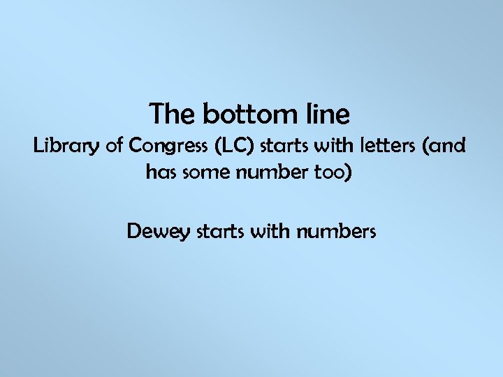 The bottom line Library of Congress (LC) starts with letters (and has some number