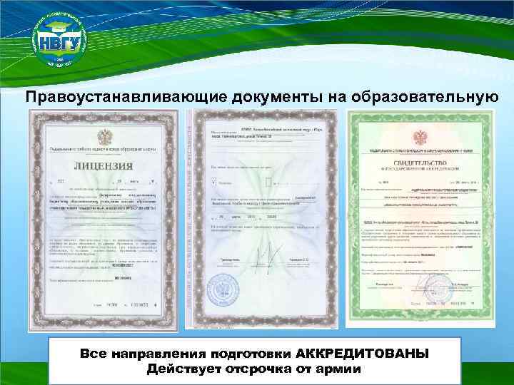 Правоустанавливающие документы на образовательную деятельность Все направления подготовки АККРЕДИТОВАНЫ Действует отсрочка от армии 