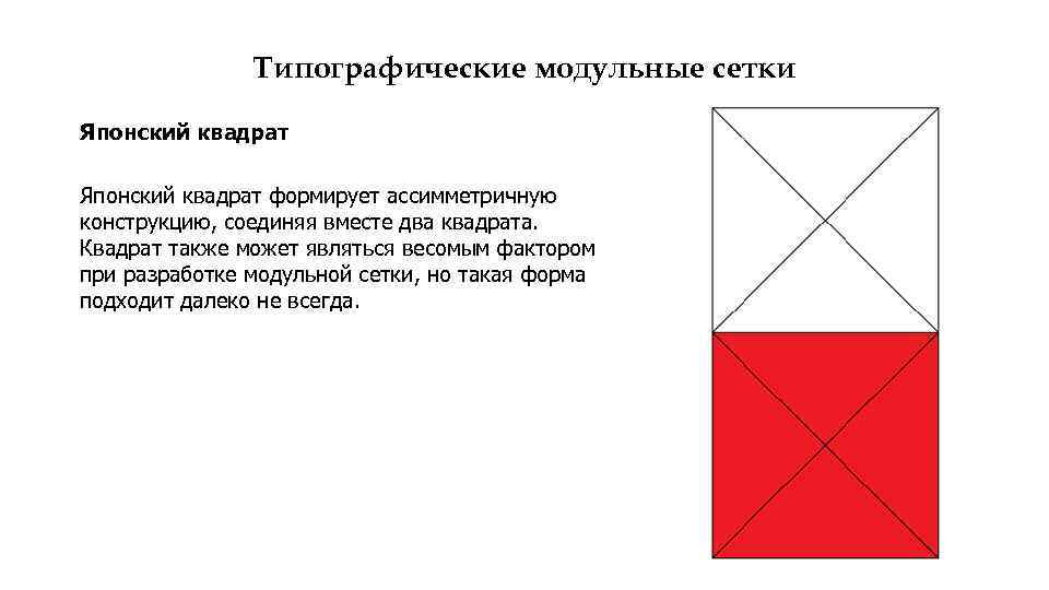 Типографические модульные сетки Японский квадрат формирует ассимметричную конструкцию, соединяя вместе два квадрата. Квадрат также