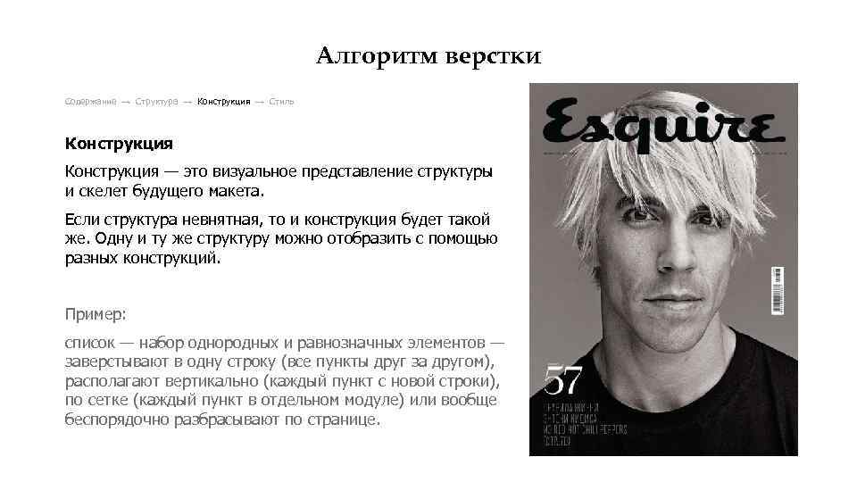 Алгоритм верстки Содержание → Структура → Конструкция → Стиль Конструкция — это визуальное представление