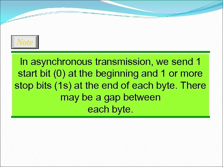 Note In asynchronous transmission, we send 1 start bit (0) at the beginning and