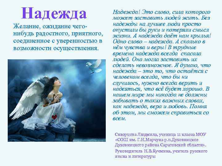 Надежда Желание, ожидание чегонибудь радостного, приятного, соединенное с уверенностью в возможности осуществления. Надежда! Это